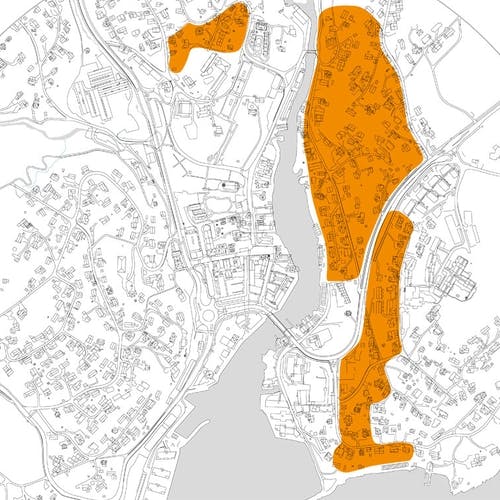 Det er ønskje om å legga til rette for fortetting i sentrumsnære Finnebrekka. (Kart: Os kommune)