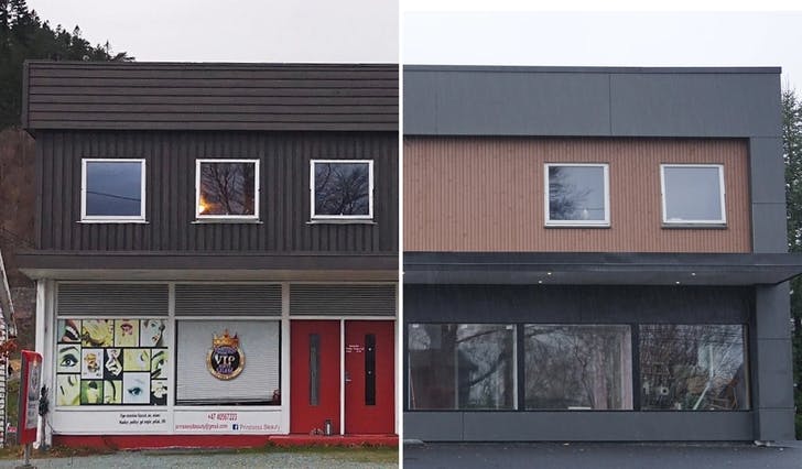 Før og etter fasadeoppgraderinga i haust. (Foto: Privat/Kjetil Vasby Bruarøy)