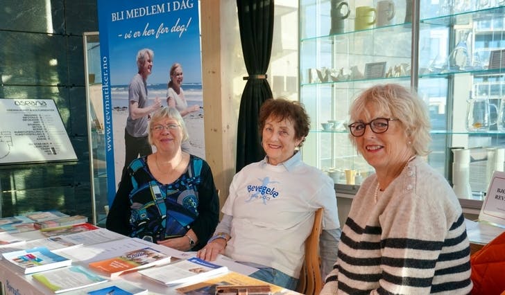 REVMATIKARLAG: Eva Erlandsson, Unni Gjerde og Anne Marie Nyheim satt på stand for Bjørnafjorden revmatikarlag. (Foto: Eirin Eriksen Horvei)