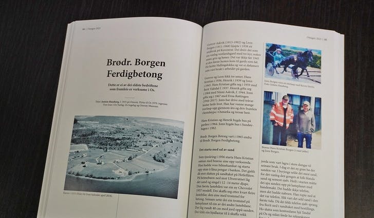 I årets utgåve av Osingen kan du blant anna lesa seks sider om Brødr. Borgen Ferdigbetong. (Faksimile: Osingen 2023)
