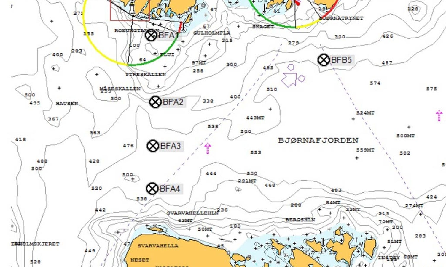 Her skal bøyane plasserast. (Kart: Statens vegvesen)