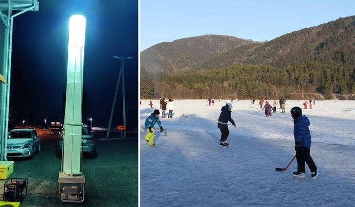 Røde Kors si lyssøyle blir plasser på isen på Banktjørn frå 16-tida i dag. (Foto: Frank Baggen/arkivfoto av Banktjørn: Kjetil V. Bruarøy)