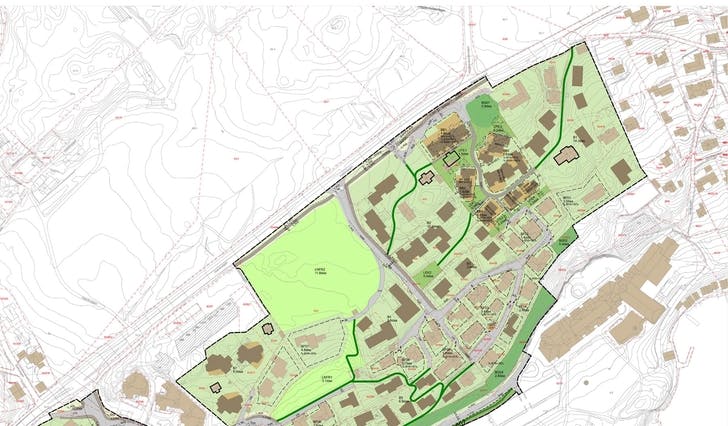 Områdeplan for Hauge skal opp til sluttbehandling - utan felt B8, som i fersk illustrasjon 8. august er tatt ut. (Ill.: ABO plan og arkitektur)