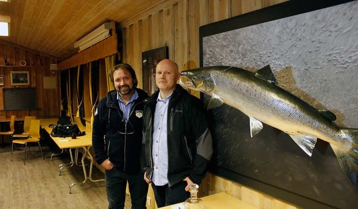 Helge Haukeland og Eivind Aasen ved avstøypinga av rekordlaksen (foto: Andris Hamre)