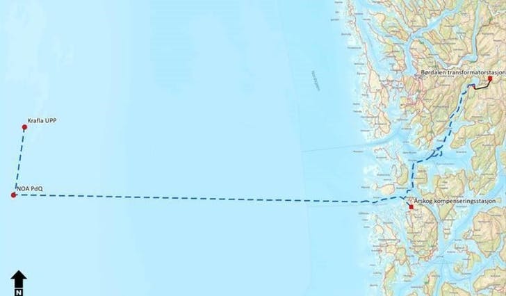 Sjøkabelen skal gå frå Samnanger til oljefelta NOA og Krafla, 140 km ut i Nordsjøen. (Kart: Equionor/Aker)