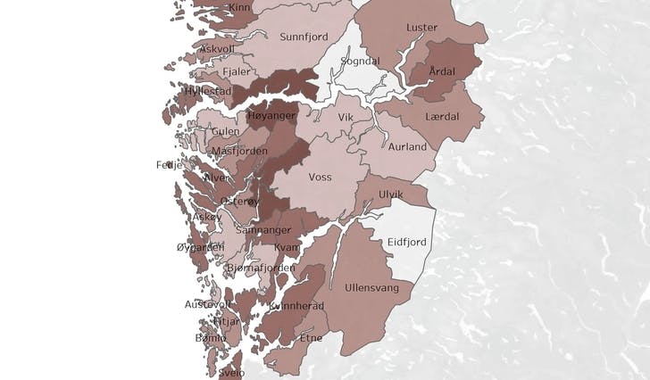 Kartet viser alle uføre, ikkje berre unge. Bjørnafjorden har færre enn mange av dei andre kommunane i Vestland. (Kart: Nav)