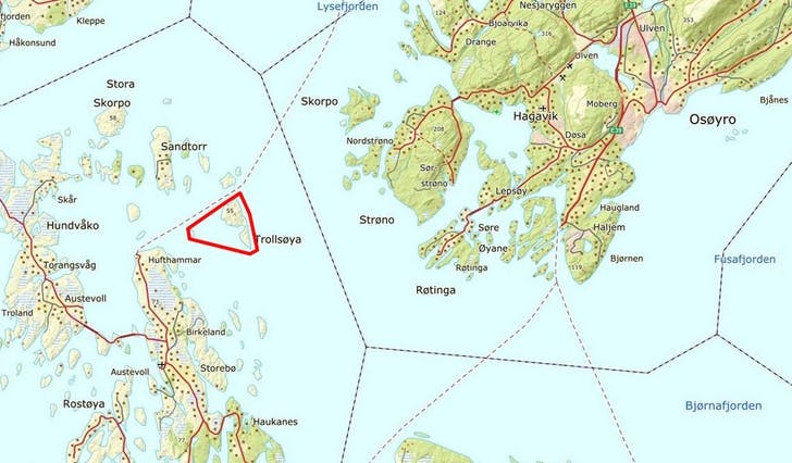 Dette området ved Trollsøya i Austevoll er no freda for hummarfiske. (Kart: Fiskeridir.no)