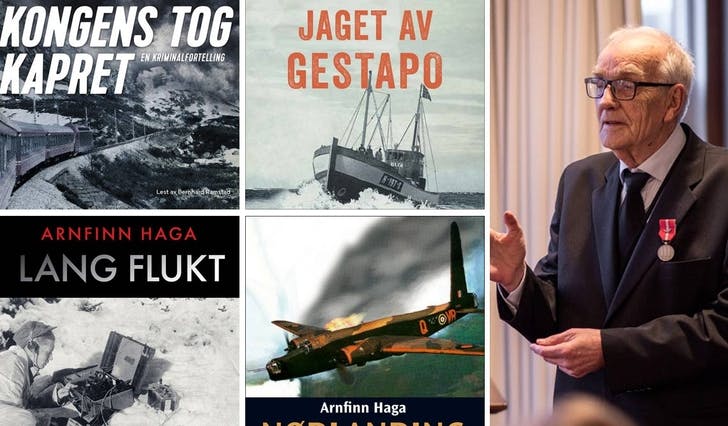 Arnfinn Haga og nokre av bøkene som no er spelte inn. (Ill/foto: Cappelen Damm/Jakob Østheim, Sjøforsvaret)