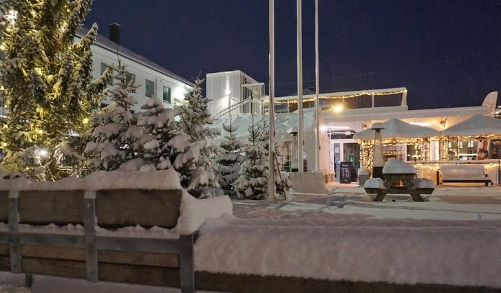 Treet på Torget, juletrea som er for sal og restauranten Havnechefen låg dekka i snø i 08-tida i dag. (Foto: Kjetil Vasby Bruarøy)