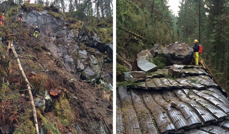 Denne steinblokka i Søvikåsen blei vurdert som risiko og er no sprengt ned. Det har ført til utsett opning av Ole Bulls veg. (Foto: Os kommune)