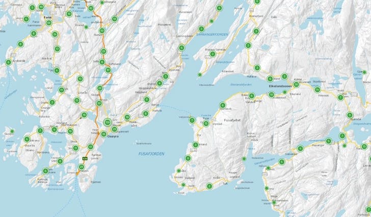 Registrerte trafikkulykker i Bjørnafjorden dei siste ti åra. (Kart: Statens vegvesen)