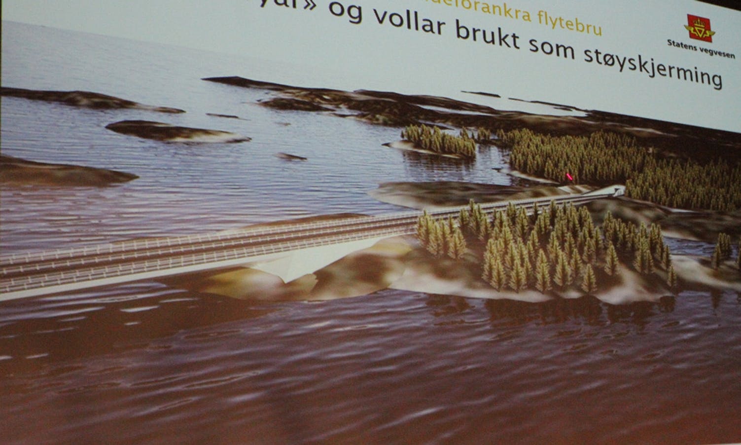 Modell for brufestet på Gulholmen med nye øyar og vollar som støyskjerming