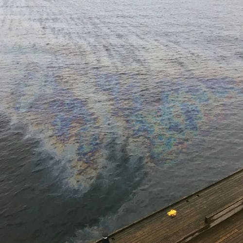 Frå Os Sjøfront er det allereie tydelege teikn på oljesøl. (Lesarbilde, foto: Oluf Hessen)
